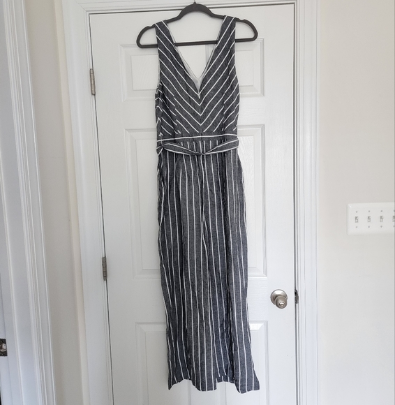 Loft Jumpsuit Belted Striped Wide Leg Jumpsuit Grey White 8 - Picture 7 of 9